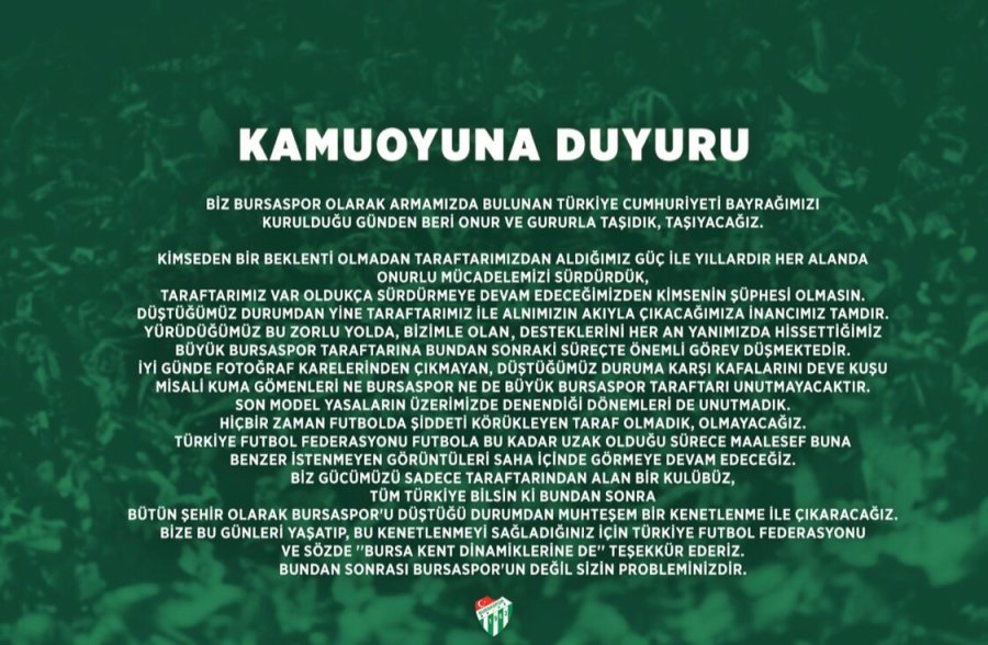 Bursaspor: “Bursaspor'u düştüğü durumdan muhteşem bir kenetlenme ile çıkaracağız”